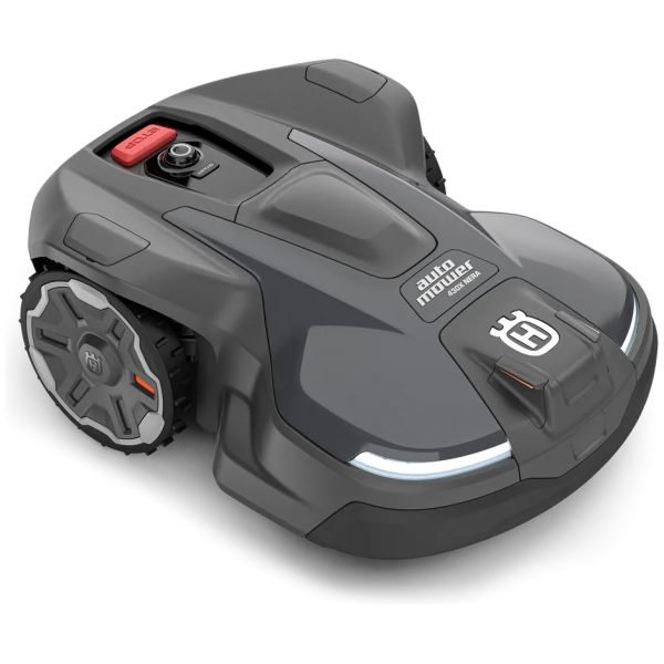 Top-down studio shot of a Husqvarna Automower 430X NERA showing its controls.