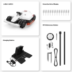 Mammotion LUBA 2 AWD robot lawn mower set with main unit, extra blades, charging station, and RTK reference station