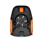 Segway Navimow i2 AWD robot lawn mower underside view with blades and orange wheels