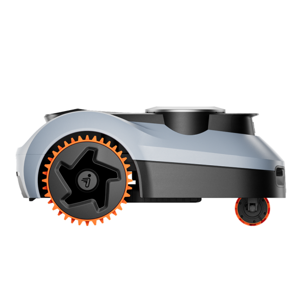 Segway Navimow i2 LiDAR robot lawn mower underside with five blades and orange wheels