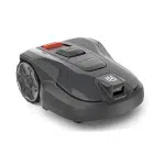 Front view of a Husqvarna robotic lawn mower.