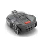 Robotic lawn mower with visible control panel, labeled as "Automower".