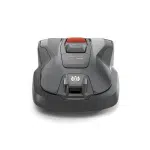 Front view of a Husqvarna robotic lawn mower.