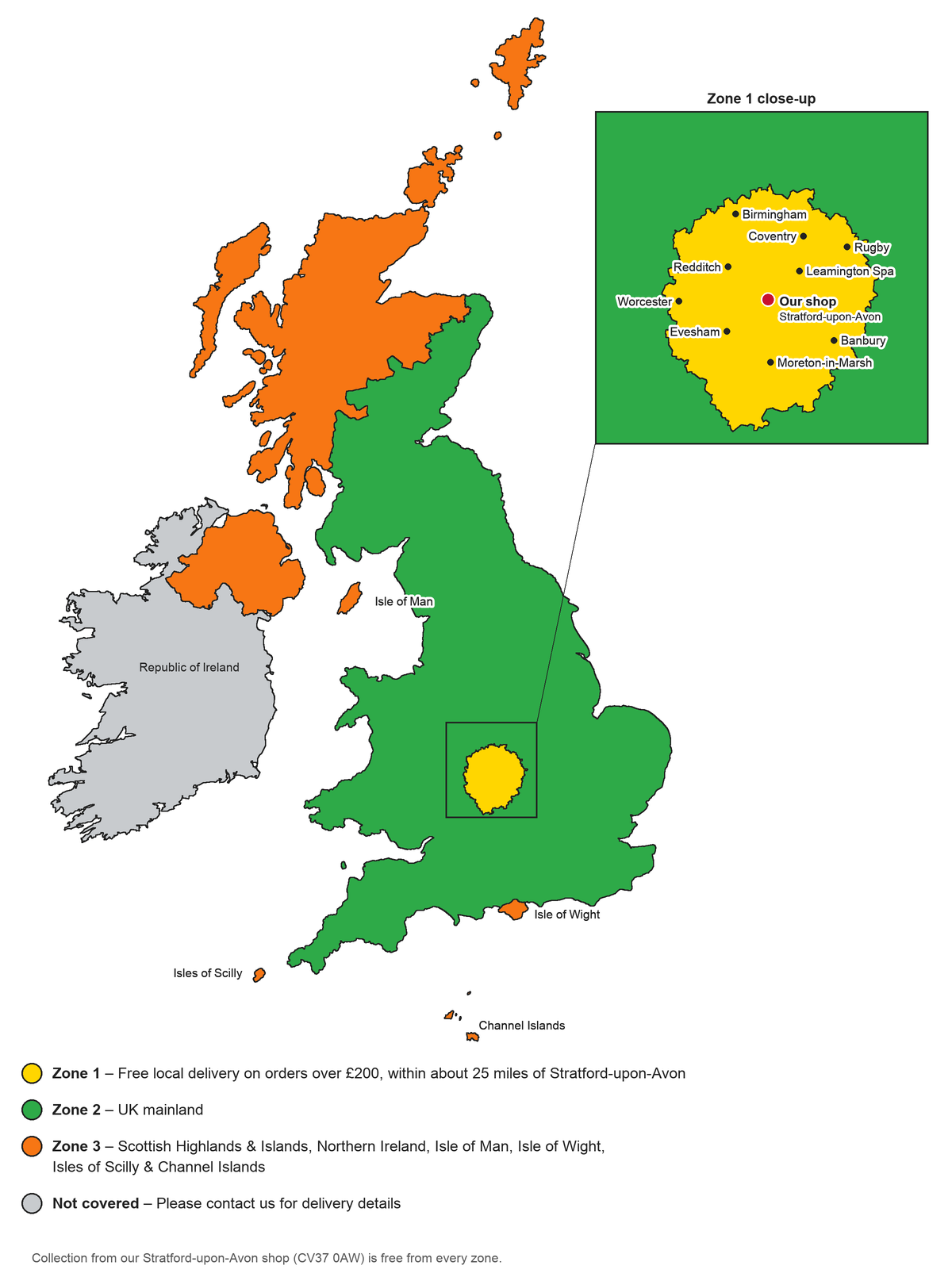 Delivery Zones 2026 Map of Sims Garden Machinery delivery zones: Zone 1 free local delivery around Stratford-upon-Avon, Zone 2 UK mainland, Zone 3 Highlands, islands and Northern Ireland