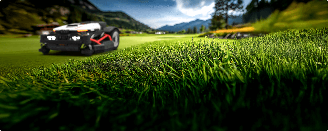 Close-up of turf with a Kress robotic mower in the background