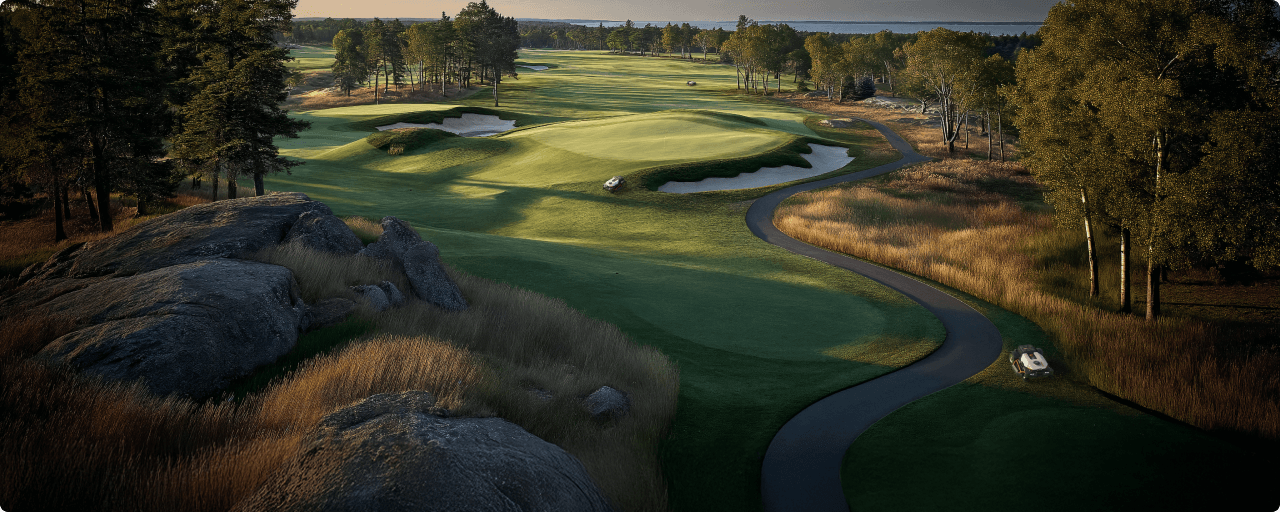 Golf course with bunkers, trees and separate mowing areas
